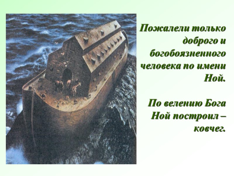Пожалели только доброго и богобоязненного человека по имени Ной.  По велению Бога Ной